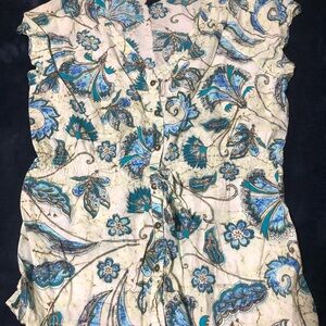 Basic Editions Women's Boho Floral Paisley Top Blue White